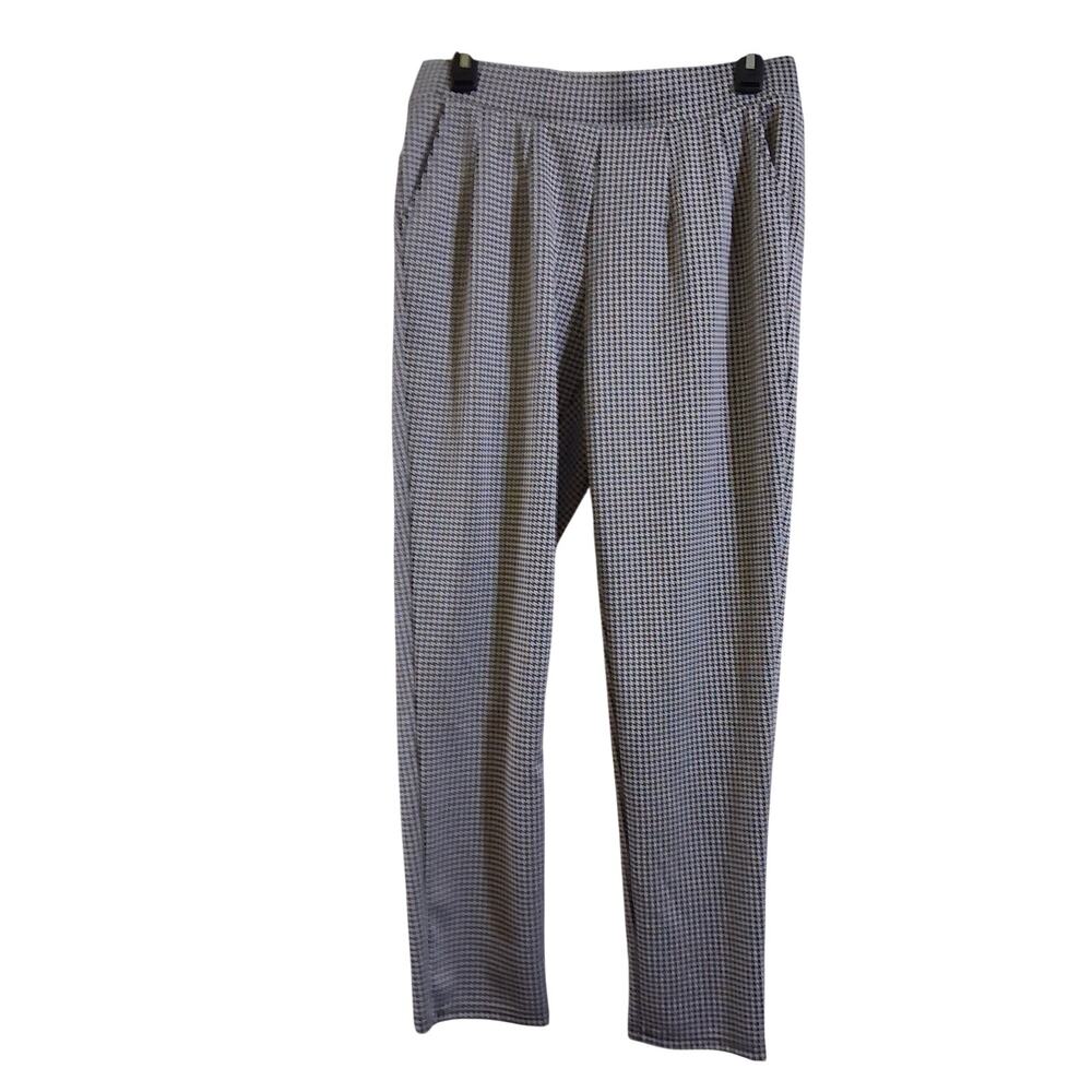 Women Houndstooth Trousers High Waisted Pleated Front Stretched Black White-L